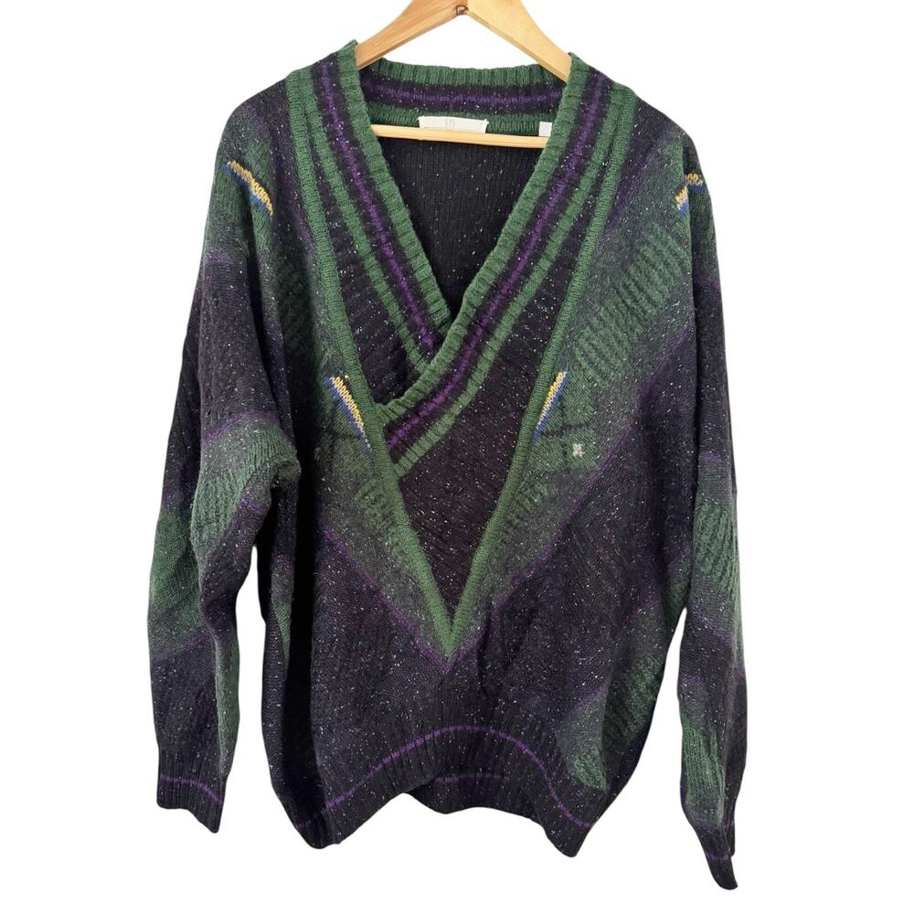 UB Umberto Bilancioni Abstract Wool Chunky V Neck Grandpa Sweater VTG US 14 / 40